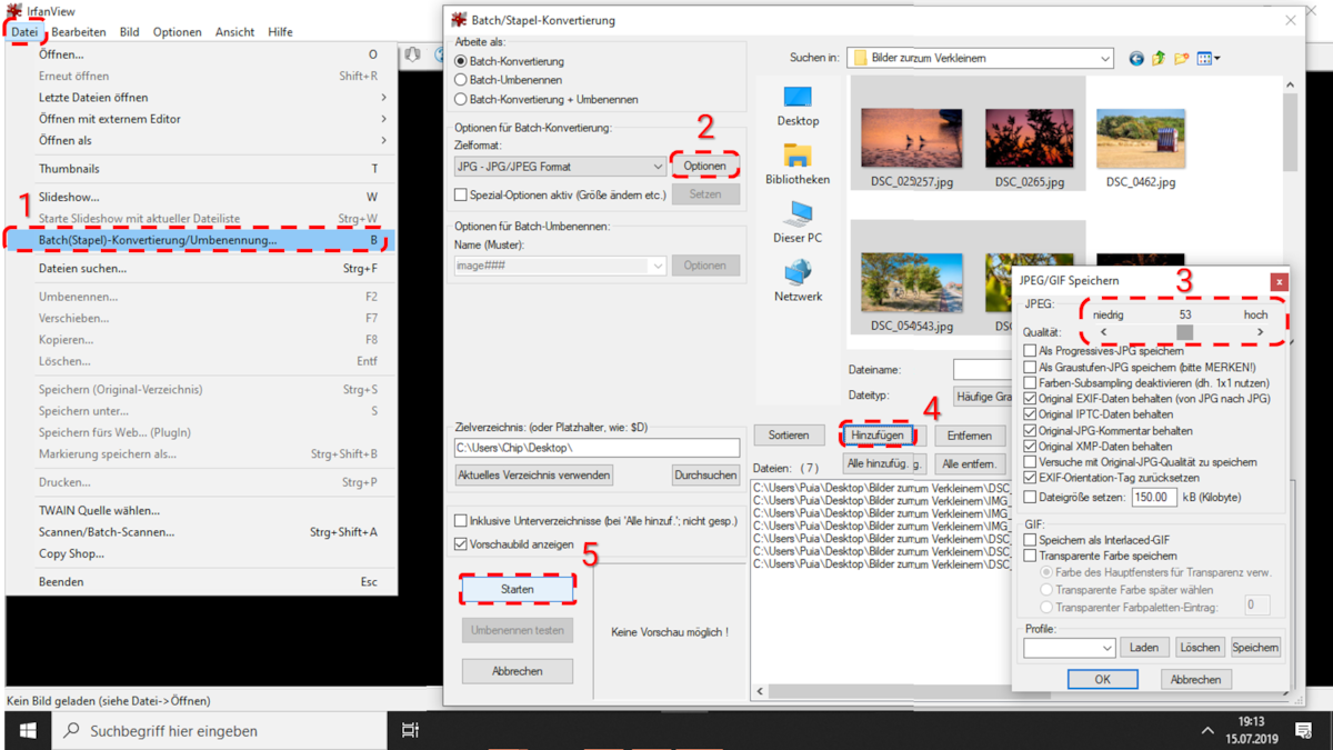 Mit Irfanview lassen sich viele JPGs gleichzeitig verkleinern