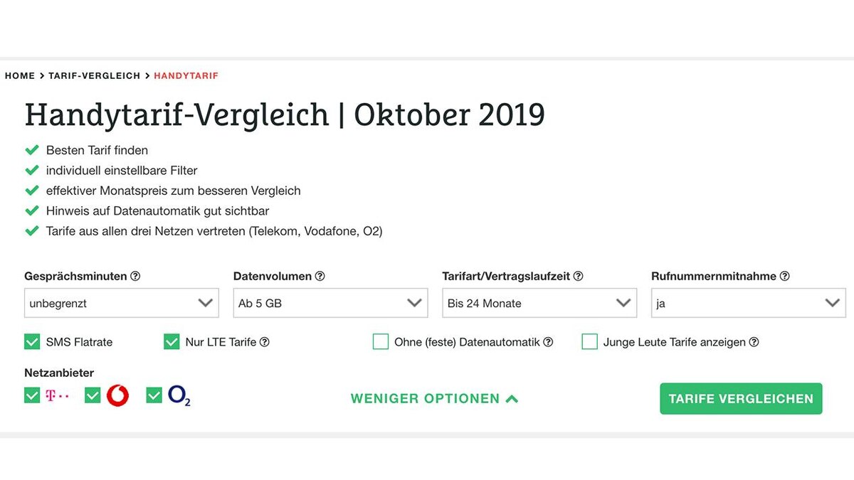 Handytarife nach Bedarf vorfiltern.