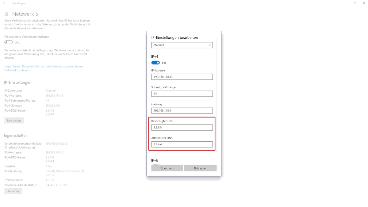 Windows 10: DNS-Server ändern