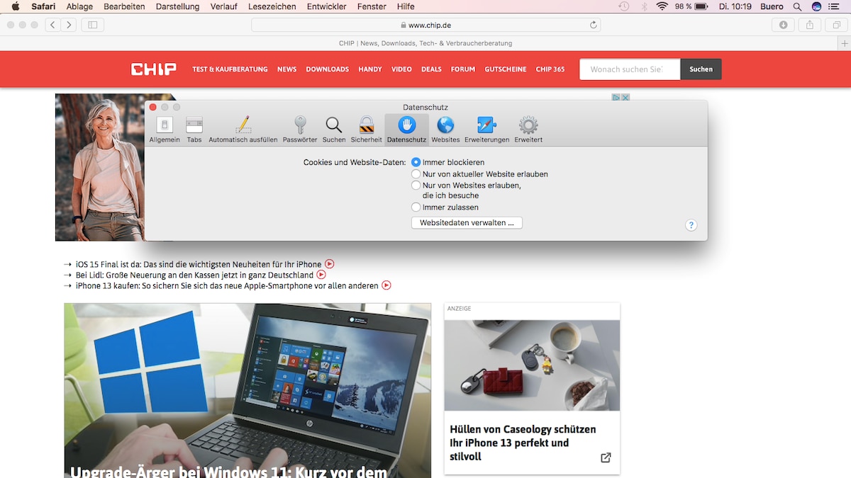 safari cookies und cache Screenshot Safari