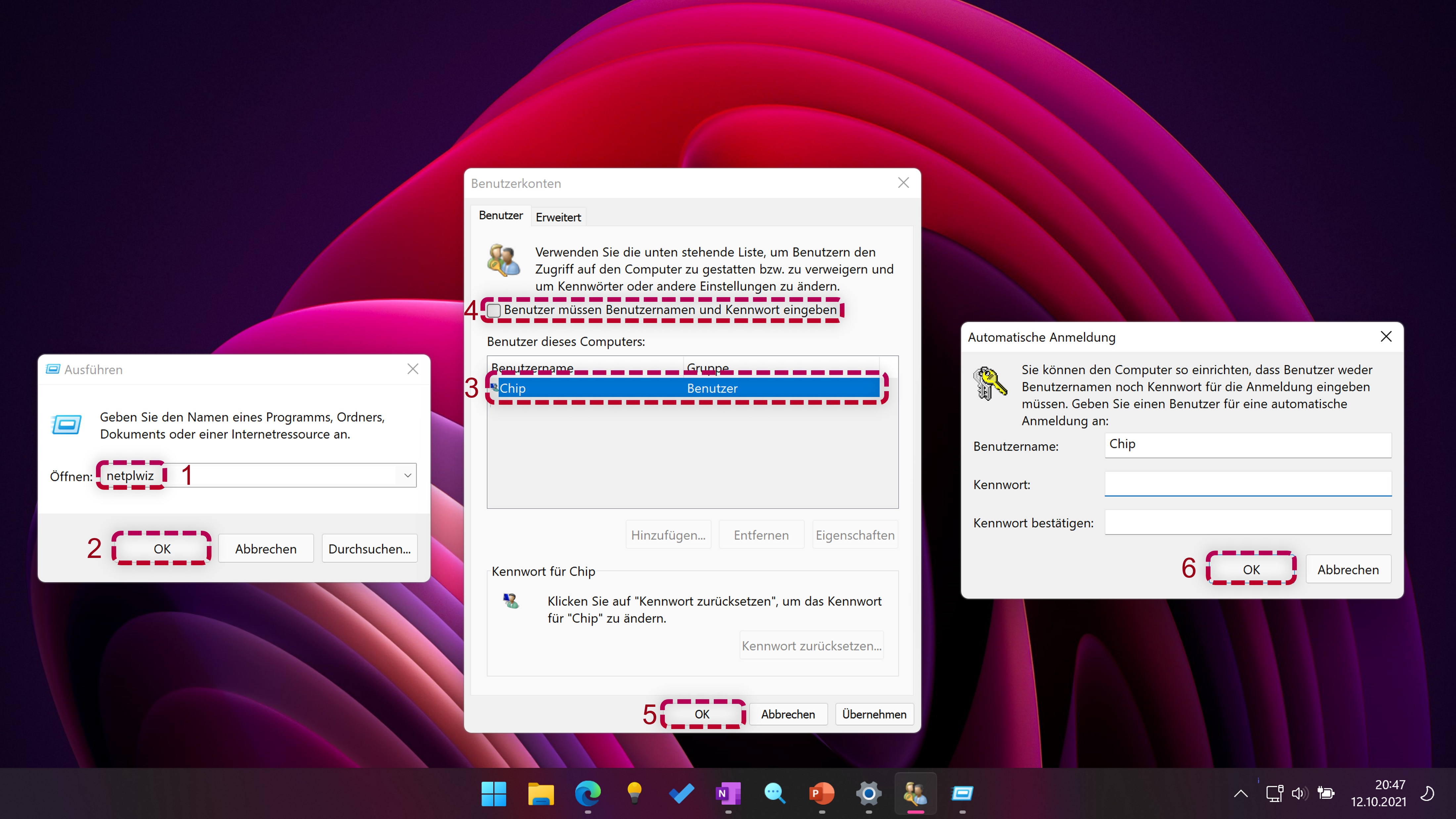Schritt-für-Schritt-Screenshot für das Entfernen des Passworts in den Benutzereinstellungen mit netplwiz Schritt-für-Schritt-Screenshot für das Entfernen des Passworts in den Benutzereinstellungen mit netplwiz