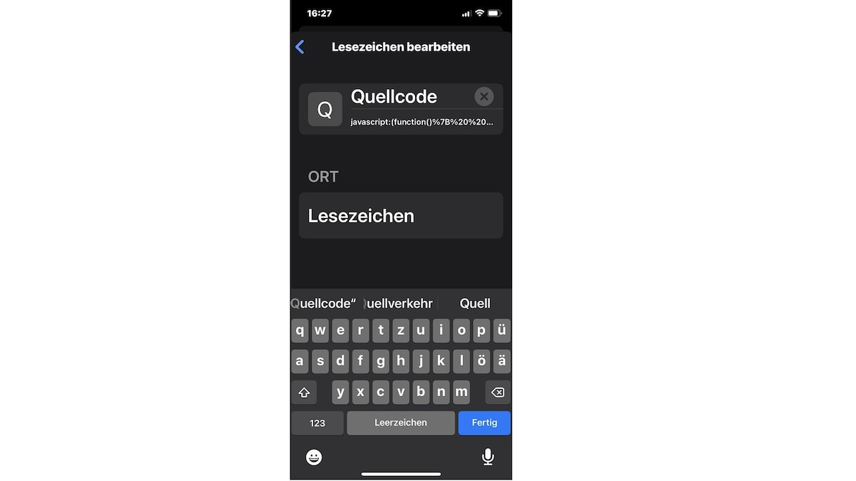 iPad/iPhone: Um im Safari den Quellentext anzeigen zu lassen, legen Sie ein Lesezeichen an und nennen es 