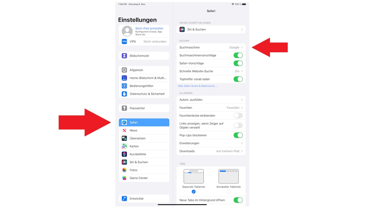 Suchmaschine auf dem iPad wechseln
