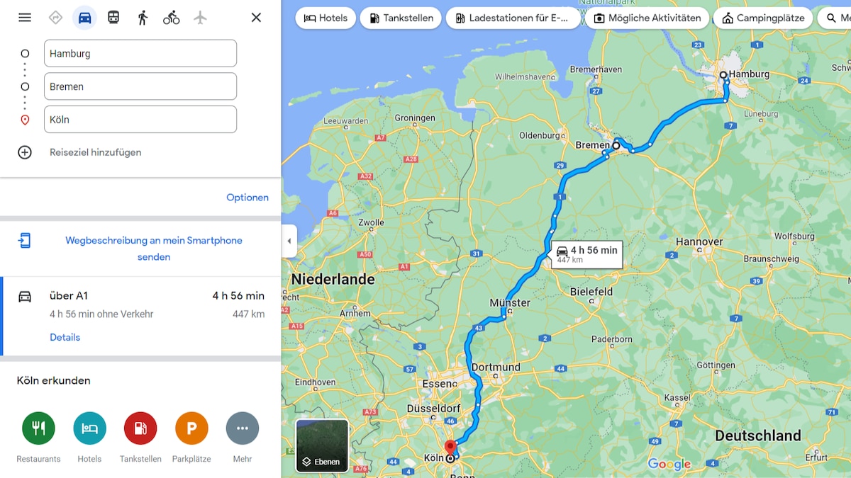 google maps tour planen Eine durch Google Maps geplante Route mit Zwischenstopp.