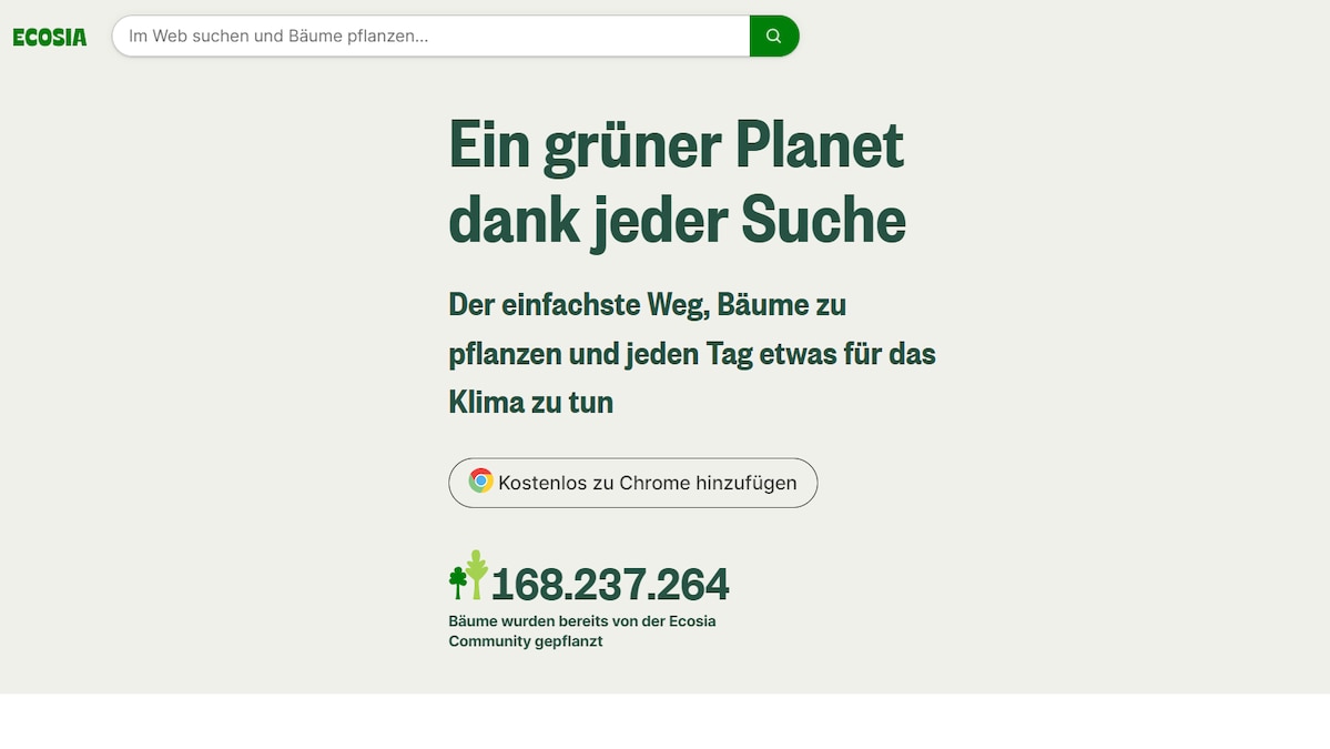 Ecosia ist eine Suchmaschine, die 80 Prozent der Gewinne an Regenwald-Schutzprojekte spendet.