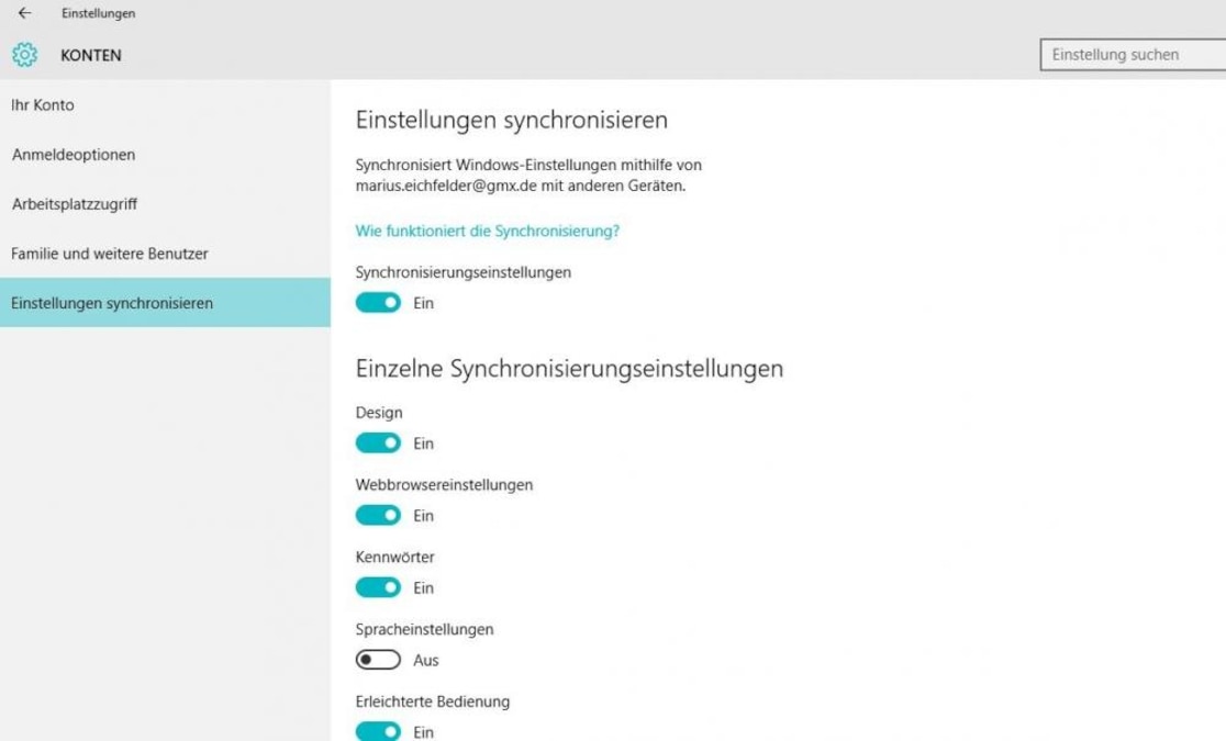 Win 10: Einstellungen-Sync